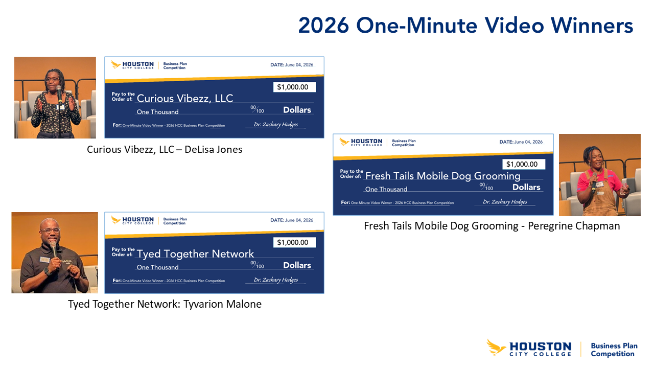 2026 Business Plan Competition one-minute video winners - from left to right. Curious Vibezz, LLC, DeLisa Jones $1,000. Fresh Tails Mobile Dog Grooming, Peregrine Chapman $1,000. Tyed Together Network, Tyvarion Malone $1,000