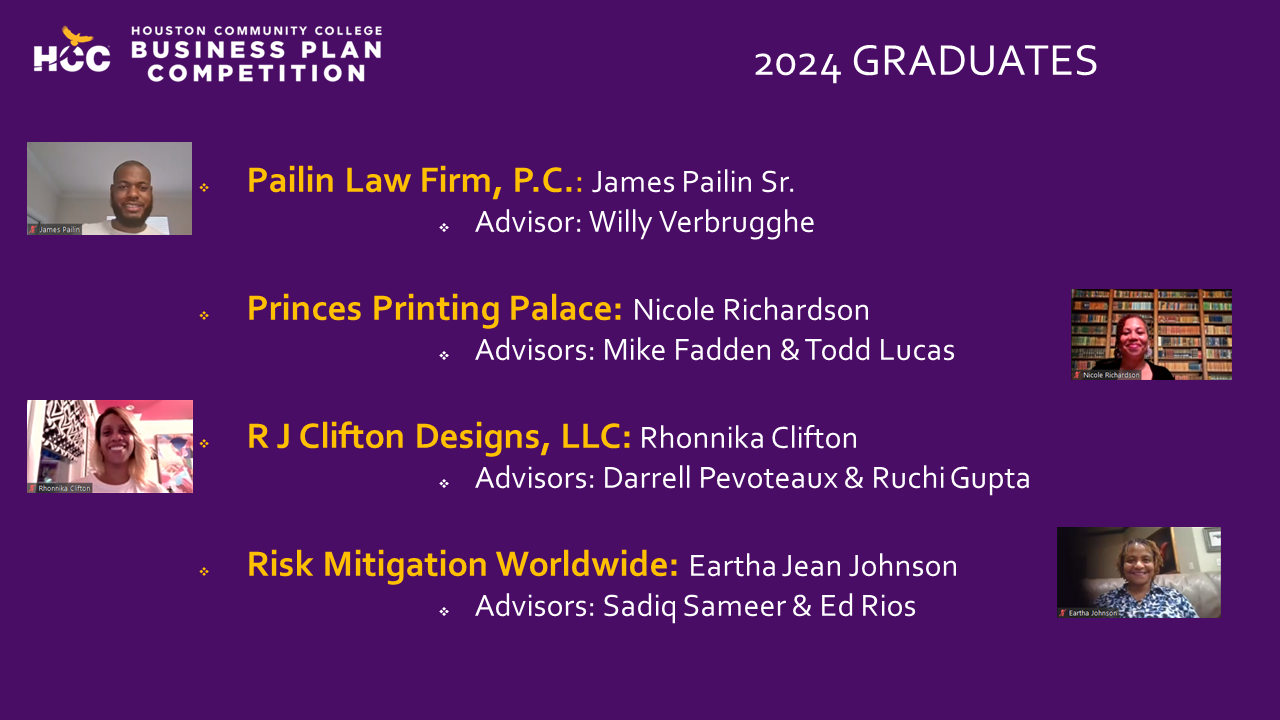 2024 Graduates continued: Pailin Law Firm, P.C. - James Pailin Sr. with advisor Willy Verbrugghe; Princess Printing Palace - Nicole Richardson with advisors Mike Fadden and Todd Lucas; R J Clifton Designs, LLC - Rhonnika Clifton with advisors Darrell Pevoteaux and Ruchi Gupta; Risk Mitigation Worldwide - Eartha Jean Johnson with advisors Sadiq Sameer and Ed Rios.